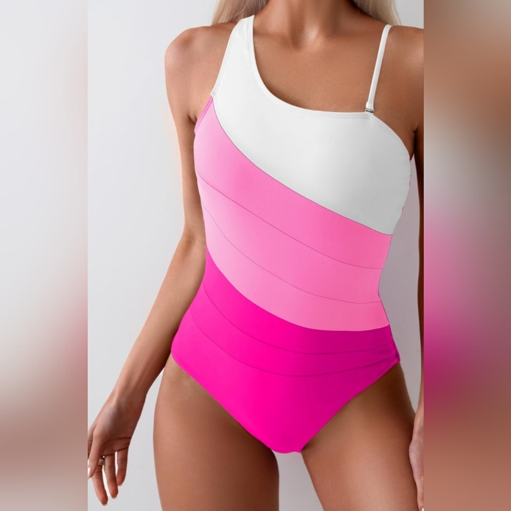 Pink and White One-Shoulder One Piece Swimsuit Size Small